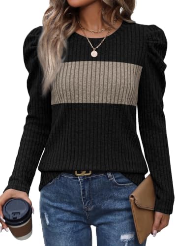 Warm khaki panels break up solid black on this soft long sleeve tunic, finished with gentle puff sleeves and an easy crew neck.