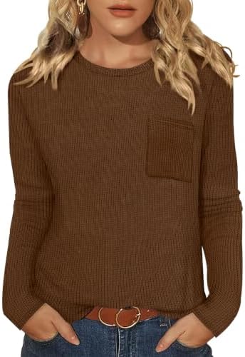 Waffle knit texture in rich chocolate brown gives this crewneck top a soft feel and easy drape for cooler mornings.