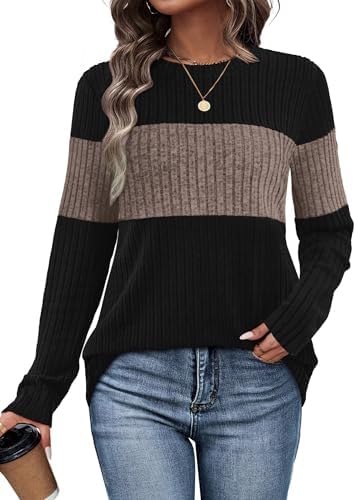 Earthy coffee tones meet balanced color block panels across the chest and long sleeves in a lightweight everyday knit top.