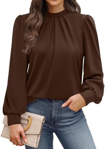 Front pleats meet a neat mock neck in deep chocolate brown, cut from our soft stretch knit with gathered long sleeves.