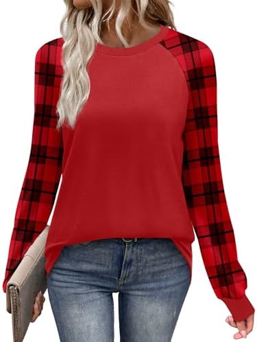 Bright red plaid sleeves give this soft raglan long sleeve tee an easy seasonal pop for cool autumn mornings.