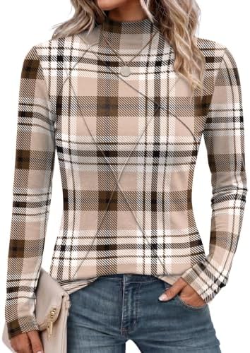 A soft brown long sleeve top cut with a neat mock neck and subtle front line stitching for smooth layering.