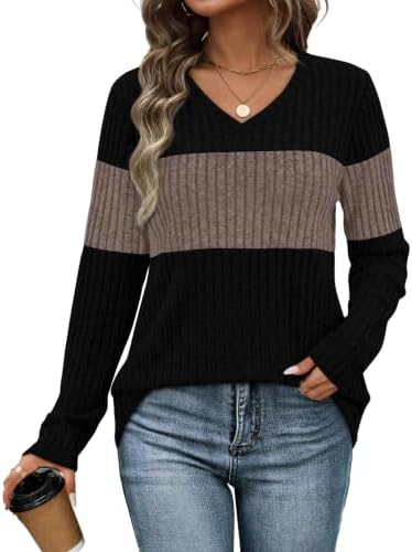 Warm coffee tones blend across the chest and sleeves of this lightweight V-neck knit, cut relaxed for easy fall layering.