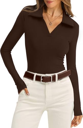 Ribbed long sleeves meet an open polo collar in rich coffee brown, tailored close to the body for clean layering.