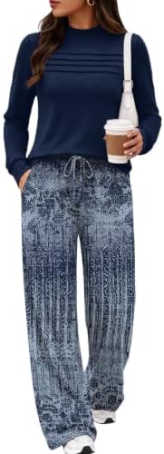 A mock neck tunic pairs with printed wide-leg pants in our deep dark blue boho pattern for crisp mornings and travel days.