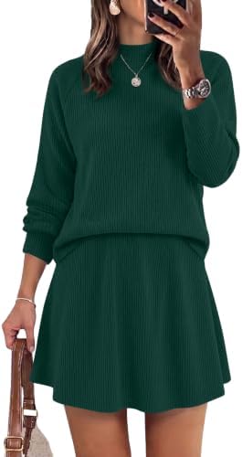 A rich green knit set pairing a soft mock neck top with a high-waisted A-line skirt for cool weather plans.