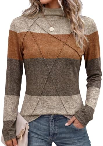 A stretchy mock neck long sleeve tee in brown stripes with clean seam details for easy layering on crisp days.