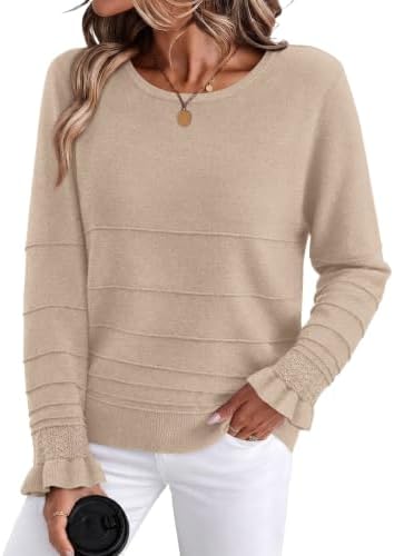Horizontal ribbed knit and neat ruffled cuffs shape this beige crewneck sweater, cut lightweight for breezy summer evenings and fall.