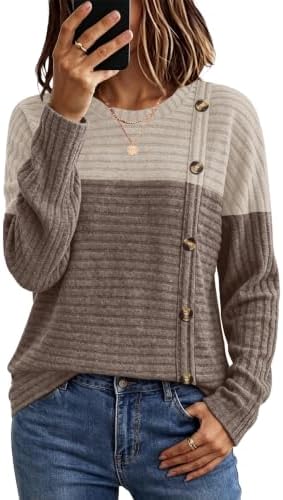 Horizontal ribbed knit joins warm coffee and soft beige blocks on this relaxed tunic finished with subtle decorative chest buttons.