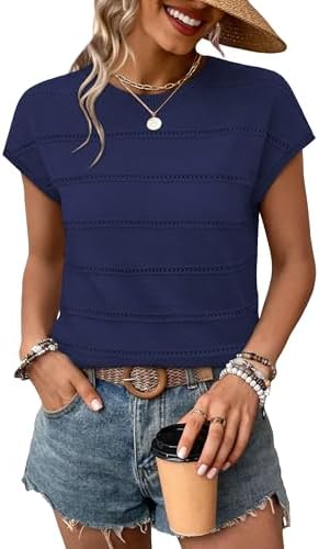 Delicate eyelet stripes and capped sleeves give this dark blue knit top a crisp, polished look for work days.