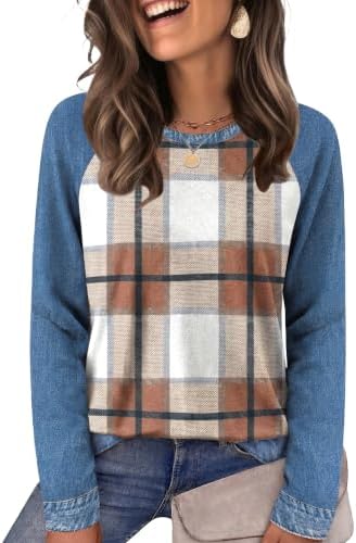 Earthy plaid khaki panels add quiet contrast to this soft long sleeve top, cut in a lightweight knit with stretch.