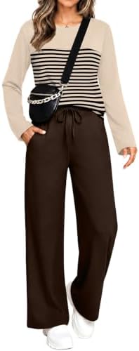 A striped long-sleeve crewneck pairs with wide-leg drawstring pants in our smooth polyester and spandex stretch knit.