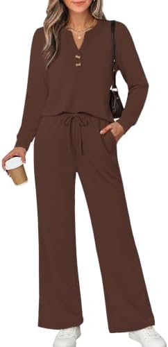 A notched V-neck top meets drapey wide-leg pants in our lightweight four-way stretch knit, finished in rich autumn brown.