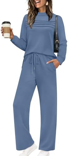 Drapey spacer fabric shapes this cool blue matching set, pairing a mock neck long sleeve top with wide-leg cropped bottoms.