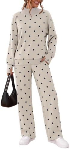 A soft polka dot knit set pairs a mock neck top with wide-leg pants and deep pockets for travel and cool mornings.