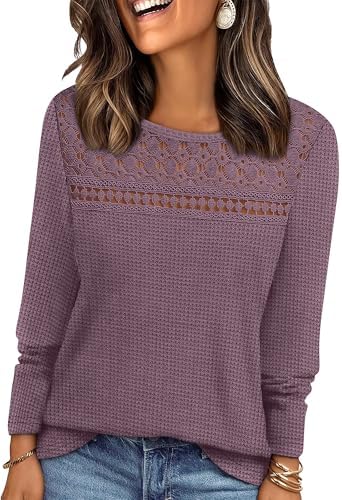 Rich purple waffle knit meets delicate crochet lace above the chest for an easy top that works well past five o clock.