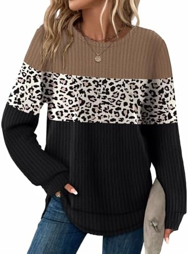 Waffle knit textured long sleeves meet an earthy brown leopard print framed by solid black trim for cool evening layering.
