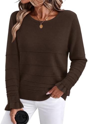 Subtle raised striping and sweet ruffled cuffs give this deep chocolate brown knit pullover an easy, polished finish.