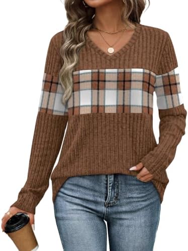 Warm plaid blocks across the chest and sleeves give this brown lightweight long sleeve top a rich seasonal look.
