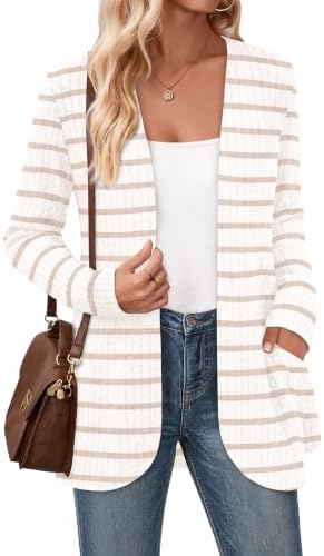 Crisp stripes pattern this lightweight brushed knit cardigan, finished with an easy open front and two deep side pockets.