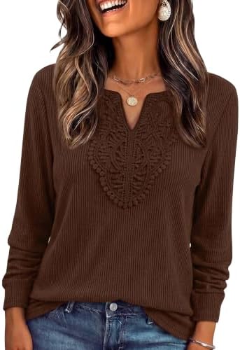 A rich coffee brown ribbed knit with delicate lace trimming along the neckline, cut with long sleeves for cooler workdays.