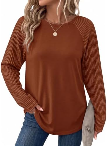 Ribbed raglan sleeves and a warm caramel tone give this lightweight crewneck tunic a rich texture for cooler evenings.