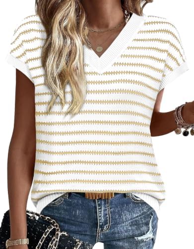 Alternating bands of khaki and white define this lightweight crochet knit vest, finished with an open V neckline and cap sleeves.