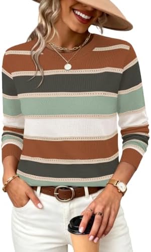 Earthy caramel stripes alternate with soft green and apricot bands across a lightweight knit with airy eyelet details.
