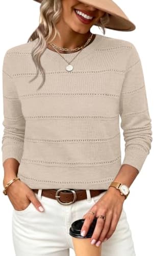 Delicate eyelet stripes and a soft scoop neck give this airy beige knit sweater a light, easy texture for everyday layering.