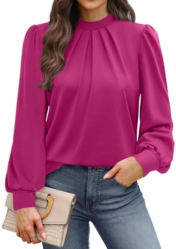 Gathered shoulders and a mock neck shape this soft pink long sleeve top, cut in a lightweight knit with easy stretch.