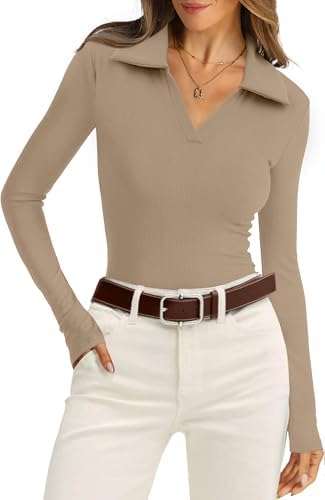 A neat ribbed knit polo top in versatile khaki, finished with long sleeves and a sharp collar for easy office rotation.