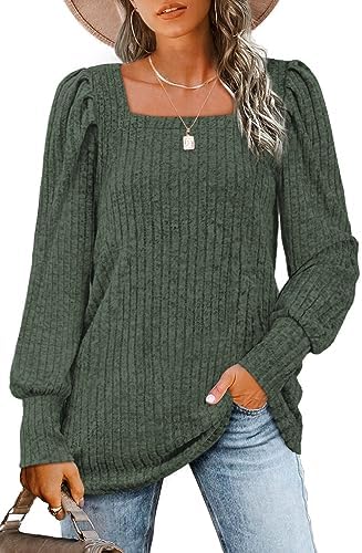 A rich green long sleeve top cut with a crisp square neckline and gathered puff shoulders in a stretchy, soft knit.