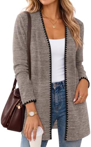 A deep coffee brown lightweight knit cardigan with delicate scallop contrast trim and an open front cut for easy layering.