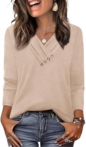 Soft khaki knit forms an easy v-neck tunic with subtle front button details, sized from S to XXL for breezy layered days.