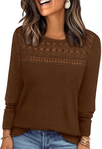 Delicate crochet lace spans the upper chest of this deep coffee brown long-sleeve knit, cut with an easy drape for workdays.