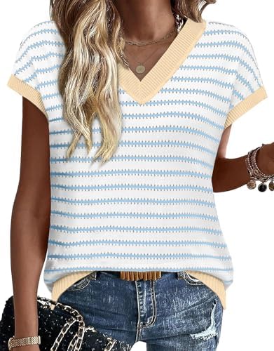 Bands of white, blue, and beige give this crochet knit top a fresh look that transitions easily between warm afternoons and cool mornings.