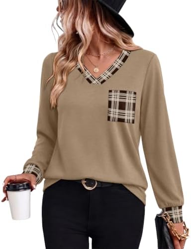 Woven with a warm Caramel Taupe Plaid, this long sleeve V-neck top brings an easy layer of pattern to denim and tailored trousers.