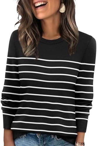 Crisp black and white stripes give this soft ribbed crewneck sweater an easy, graphic look for cool days.