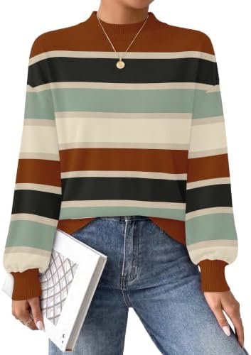Warm earth-toned stripes and gathered puff sleeves give this soft mock-neck knit an easy, polished presence.