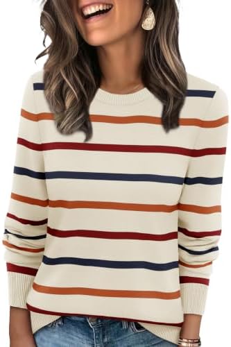 Horizontal rainbow stripes bring cheerful color to this lightweight ribbed knit sweater cut with an easy crewneck and relaxed fit.