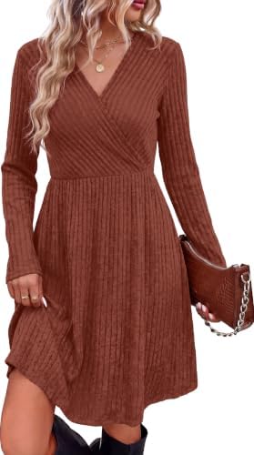 Soft ribbed knit shapes a knee-length dress with a clean crossover neckline and discreet side pockets for cooler days.
