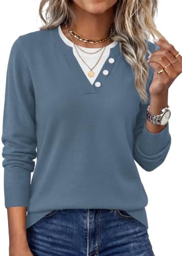 Soft grey blue knit with a contrast collar and faux button placket gives this long sleeve sweater a tidy layered look.