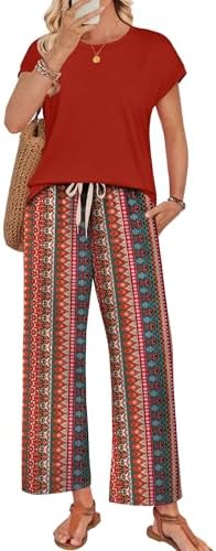 Bold boho red stripes energize this two-piece set, pairing a round neck cap-sleeve tee with breezy wide-leg trousers.