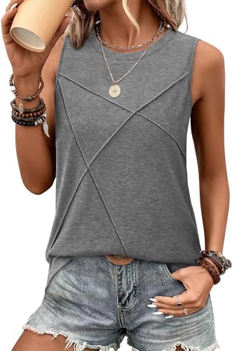 Vertical stitched lines run down the front of this soft crew neck tank, cut with extra length for easy layering.