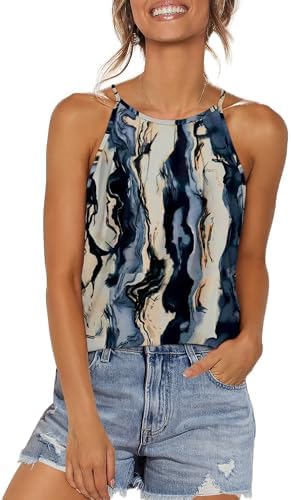 Swirling tie dye patterns give this pleated halter tank an easy warm-weather mood that pairs naturally with denim cutoffs.