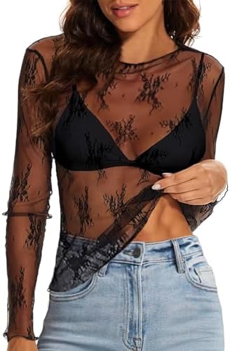 Fine floral lace with built-in stretch makes this sheer long sleeve top a lightweight layering piece for day or night.