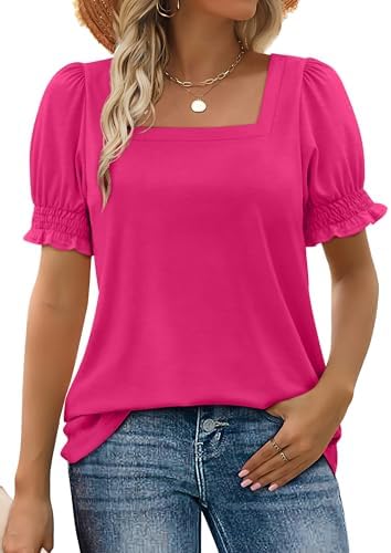 A vivid hot pink knit cut with a wide square neck and ruffled sleeves brings bold color to everyday denim shorts.
