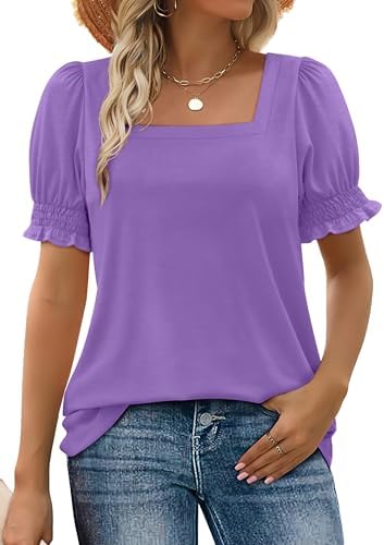 Gentle purple knit shapes this warm-weather tunic with ruffled short sleeves and an open square neckline for everyday wear.