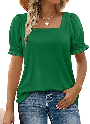 A crisp green knit tee with a wide square neckline and gentle ruffle sleeves that dress up denim shorts or skirts.