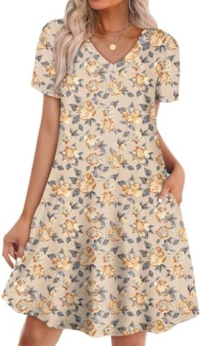 Sprigged botanical stems across a muted khaki base shape this soft A-line jersey sundress with handy pockets.